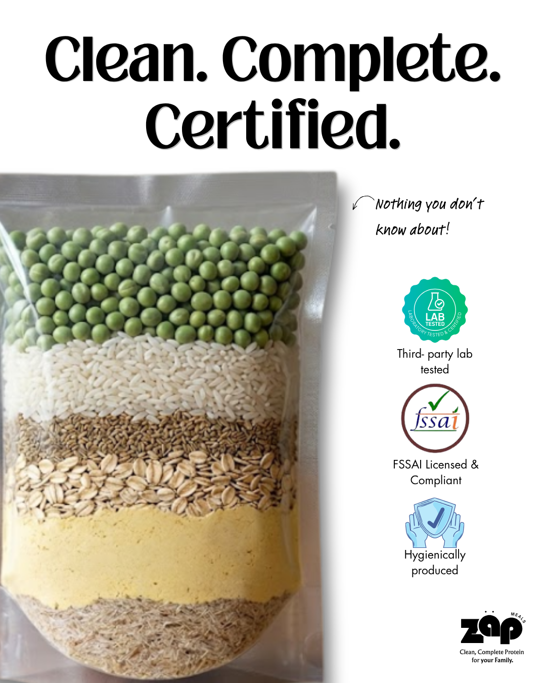 High Protein Blend (Pea Protein Isolate + Rice Protein Isolate) with added Fiber for Better Digestibility & Absorption