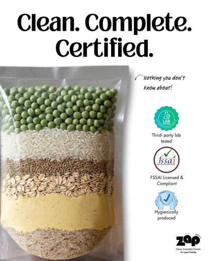 High Protein Blend (Pea Protein Isolate + Rice Protein Isolate) with added Fiber for Better Digestibility & Absorption