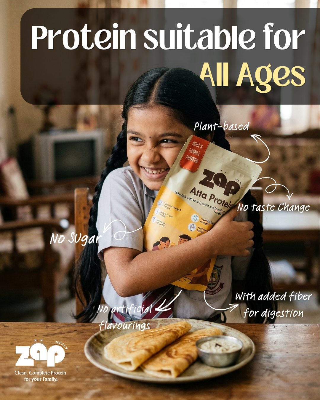 High Protein Blend (Pea Protein Isolate + Rice Protein Isolate) with added Fiber for Better Digestibility & Absorption